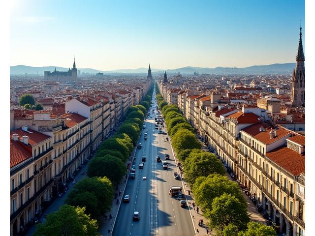 Vista aérea del centro de Madrid, con edificios históricos y calles concurridas, que representa la ubicación de Viajes Sol Madrid. Diseño urbano y soleado.