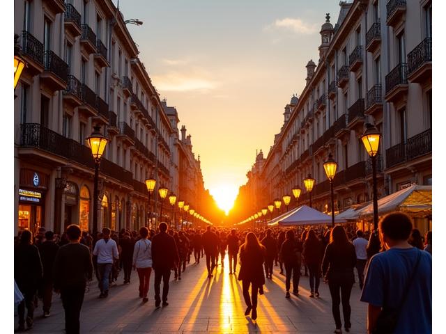 Gran Vía en Madrid al atardecer