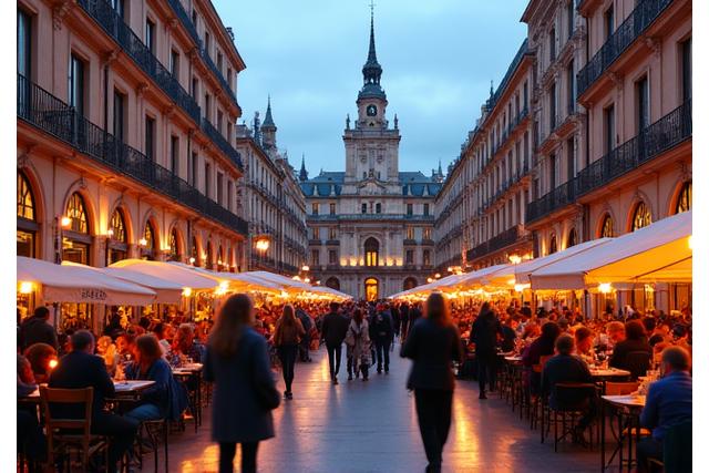 Plaza Mayor de Madrid al atardecer, vibrante y llena de vida