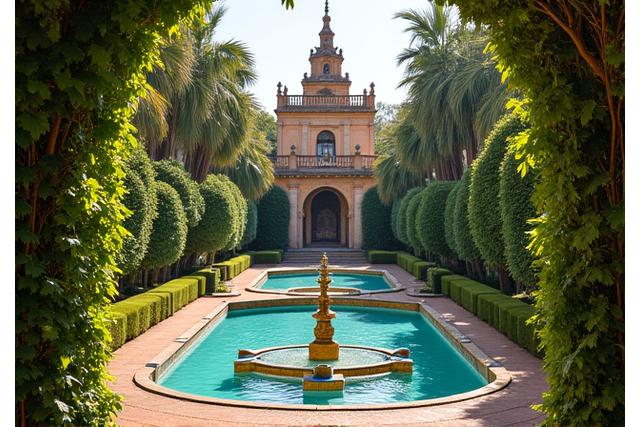 Jardines del Real Alcázar de Sevilla, con fuentes y palmeras