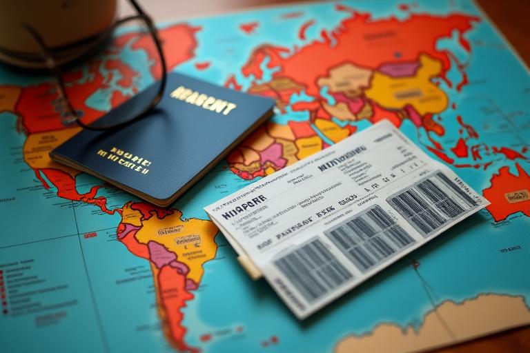 Pasaporte y billetes de avión abiertos sobre un mapa, simbolizando la preparación de viaje.